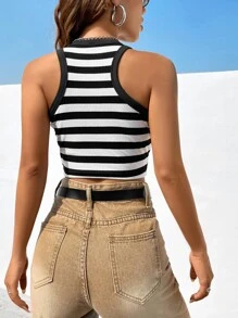 Muchica 女士罗纹圆领短款修身休闲背心 - 黑與白 - 查看 2