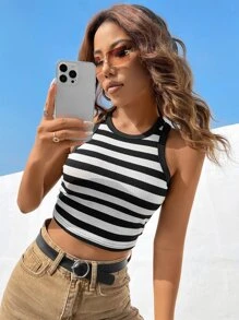 Muchica 女士罗纹圆领短款修身休闲背心 - 黑與白 - 查看 5