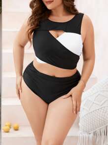 SHEIN Swim Curve Plus Size Khối màu Quấn chéo Thắt lưng Bộ bikini đi biển mùa hè - màu đen - Xem 5