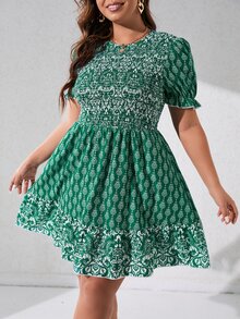 SHEIN VCAY Vestido con fruncido con estampado de manga farol bajo con fruncido - Multicolor - Ver 4