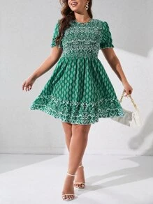 SHEIN VCAY Vestido con fruncido con estampado de manga farol bajo con fruncido - Multicolor - Ver 5