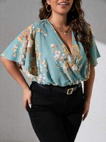 SHEIN Clasi Áo liền quần chặt Kích thước lớn Trọn gói Hoa Thanh lịch - Màu xanh Cadet - Xem 6