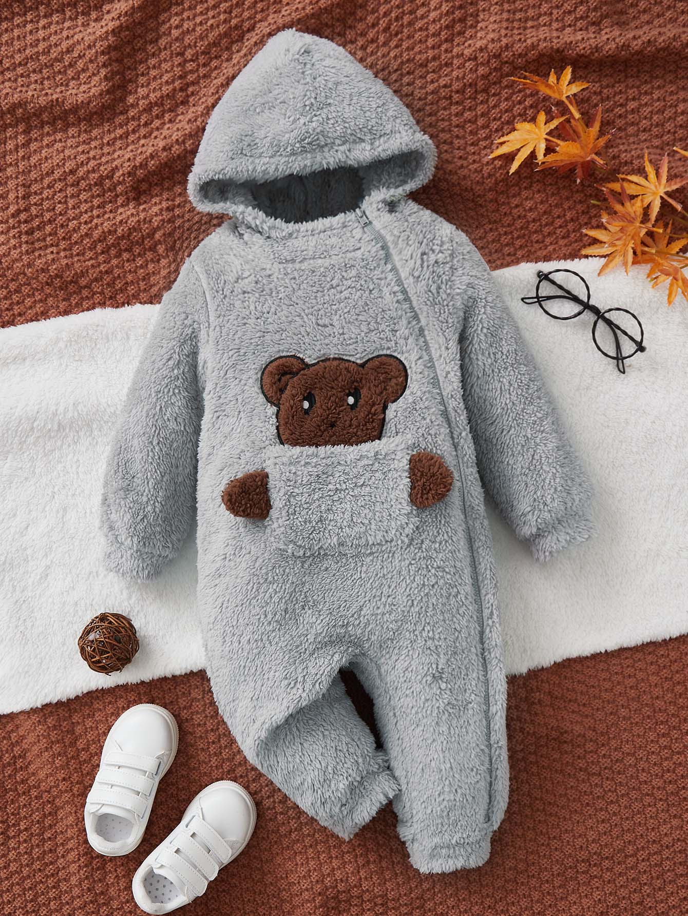SHEIN Baby Bear Embroidery Design Hooded Teddy Jumpsuit - Grey - View 1