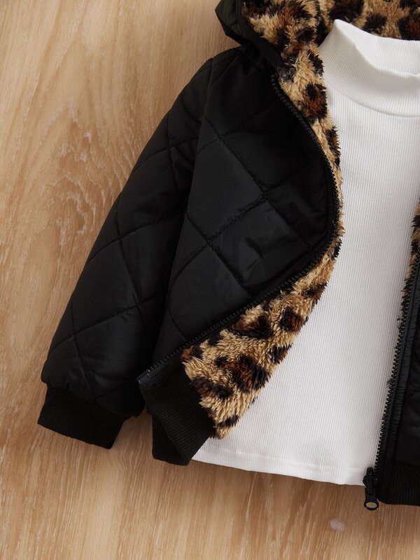 SHEIN Baby Leopard Pattern Hooded Two Way Quilted Coat Without Sweater