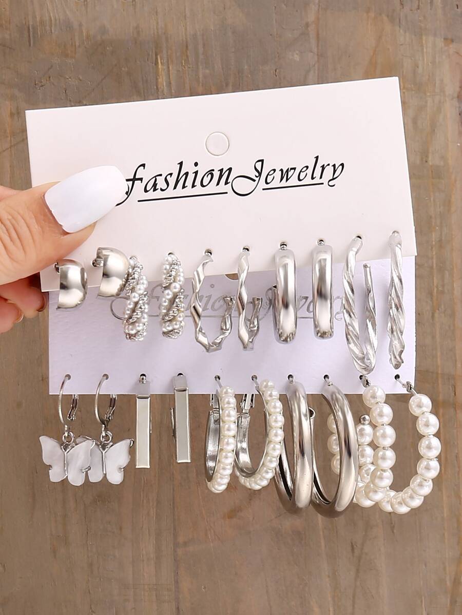 17KM 10對/組蝴蝶＆人造珍珠裝飾耳環,蝴蝶幾何耳環 - 銀色 - 查看 1