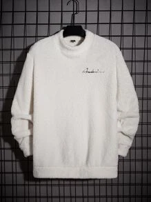 Manfinity Men Letter Embroidery Mock Neck Teddy Pullover - White - View 1