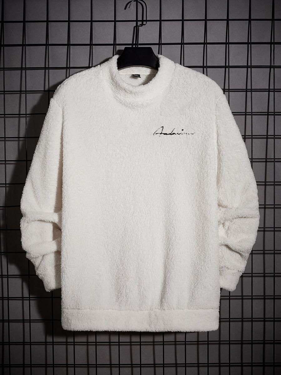 Manfinity Men Letter Embroidery Mock Neck Teddy Pullover - White - View 1