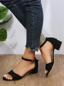 Women's Summer Classic Strap Metal Buckle Open Toe Ankle Strap Chunky High Heel Sandals, Black, Versatile And Minimalist For Daily Work And Casual Wear