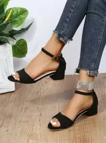 Women's Summer Classic Strap Metal Buckle Open Toe Ankle Strap Chunky High Heel Sandals, Black, Versatile And Minimalist For Daily Work And Casual Wear