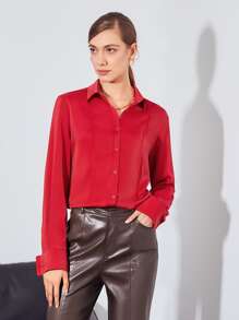 MOTF PREMIUM SATIN BUTTON-UP BLOUSE - Red - View 2