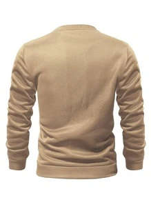 Manfinity Homme Men Letter Graphic Thermal Lined Pullover Going Out Crew Neck Letter Long Sleeve Casual Khaki Sweatshirt, For Friends, Husband, Boyfriend Gifts, Fall/Winter - Khaki - View 2