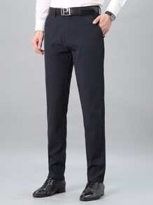 Men Solid Slant Pocket Suit Pants Without Belt Dress Pants - Navy Blue - View 1