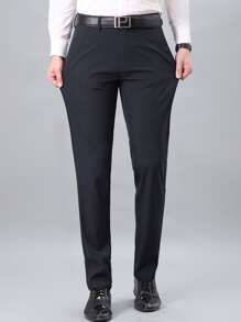 Men Solid Slant Pocket Suit Pants Without Belt Dress Pants - Navy Blue - View 5