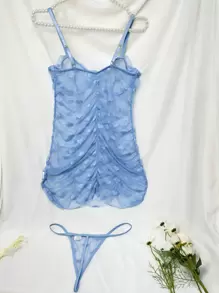 SHEIN Vestido y tanga de lencería sexy con arnés con volantes y aros para sujetar el busto - Celeste - Ver 2