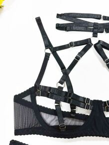 Contrast Lace Mesh Underwire Garter Lingerie Set - Black - View 3