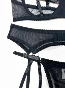 Contrast Lace Mesh Underwire Garter Lingerie Set - Black - View 4