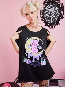 ROMWE Kawaii Cartoon Graphic Oversized Tee - Black - View 1