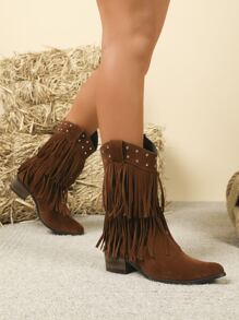 仿麂皮流蘇和鉚釘裝飾西部牛仔靴 - 鏽棕色 - 查看 2