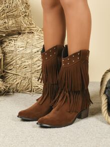 仿麂皮流蘇和鉚釘裝飾西部牛仔靴 - 鏽棕色 - 查看 4