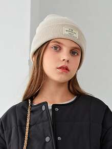 1 件儿童纯色多色户外休闲时尚布鲁克林字母设计舒适针织帽，适合所有季节 - 卡其色 - 查看 1