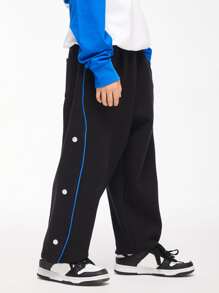 Chico preadolescente Pantalones deportivos aire a capas con cordón , tejido suelto pista Pantalones , para primavera con otoño - Negro - Ver 1