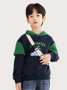 青少年男孩字母和汽车印花撞色落肩保暖卫衣 - 藏蓝色 - 查看 1