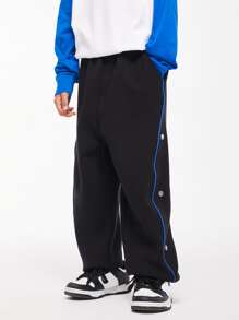 Chico preadolescente Pantalones deportivos aire a capas con cordón , tejido suelto pista Pantalones , para primavera con otoño - Negro - Ver 4