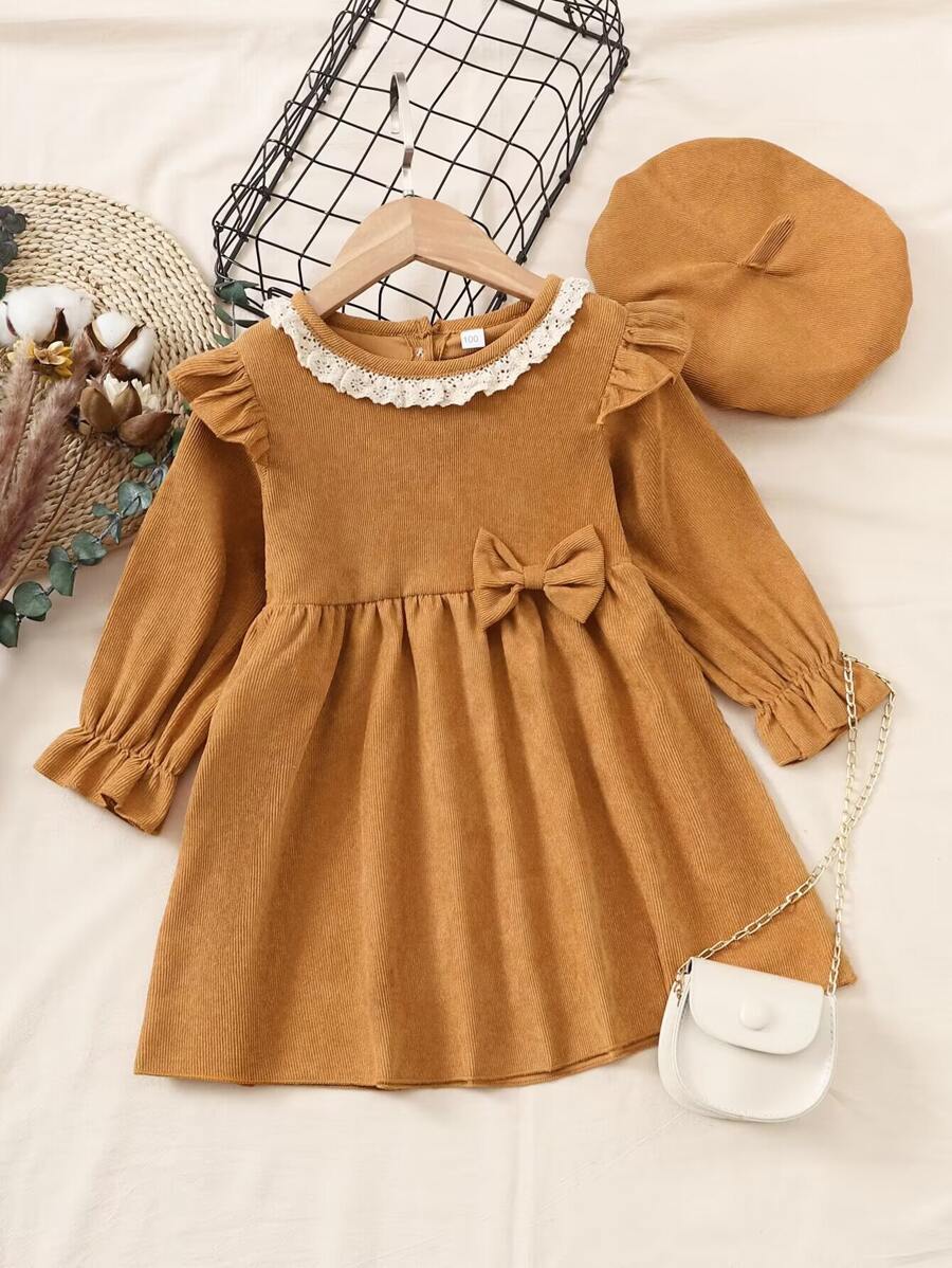 Đầm bé gái Nơ Bướm Nút Tương phản ren Xù màu trơn Dễ thương - Màu Mù tạt vàng - Xem 1