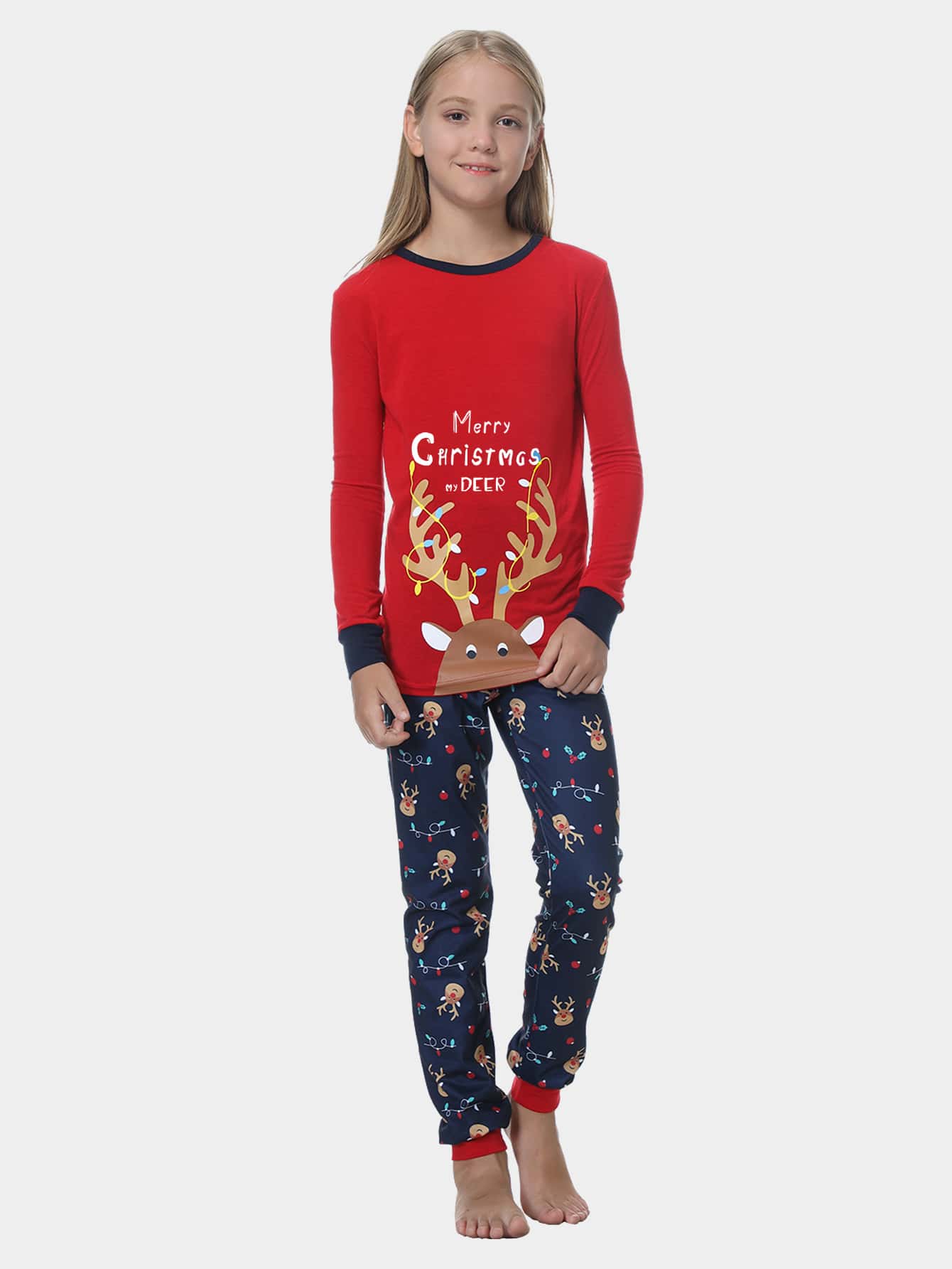 Niñas con estampado de Navidad ringer 1 Top & 1 Pantalones Conjunto de pijama - Multicolor - Ver 1