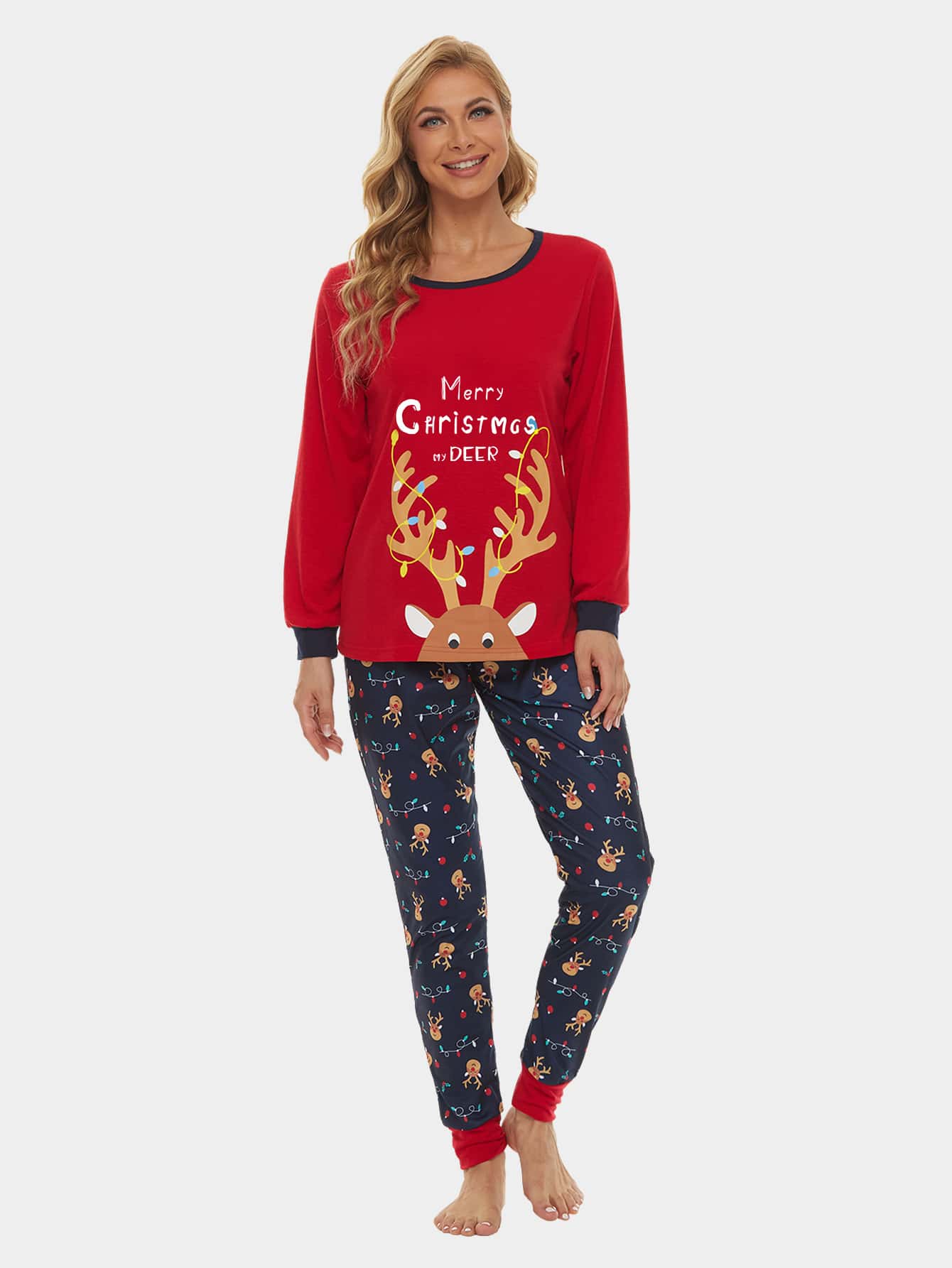 Christmas Print 1 Top And 1 Joggers PJ Set - Multicolor - View 1
