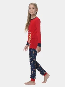 Niñas con estampado de Navidad ringer 1 Top & 1 Pantalones Conjunto de pijama - Multicolor - Ver 4