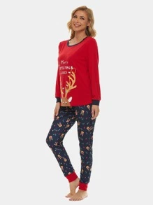 Christmas Print 1 Top And 1 Joggers PJ Set - Multicolor - View 3