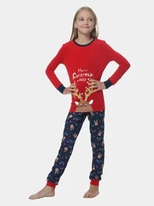 Niñas con estampado de Navidad ringer 1 Top & 1 Pantalones Conjunto de pijama - Multicolor - Ver 5