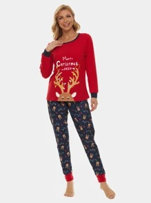 Christmas Print 1 Top And 1 Joggers PJ Set - Multicolor - View 4