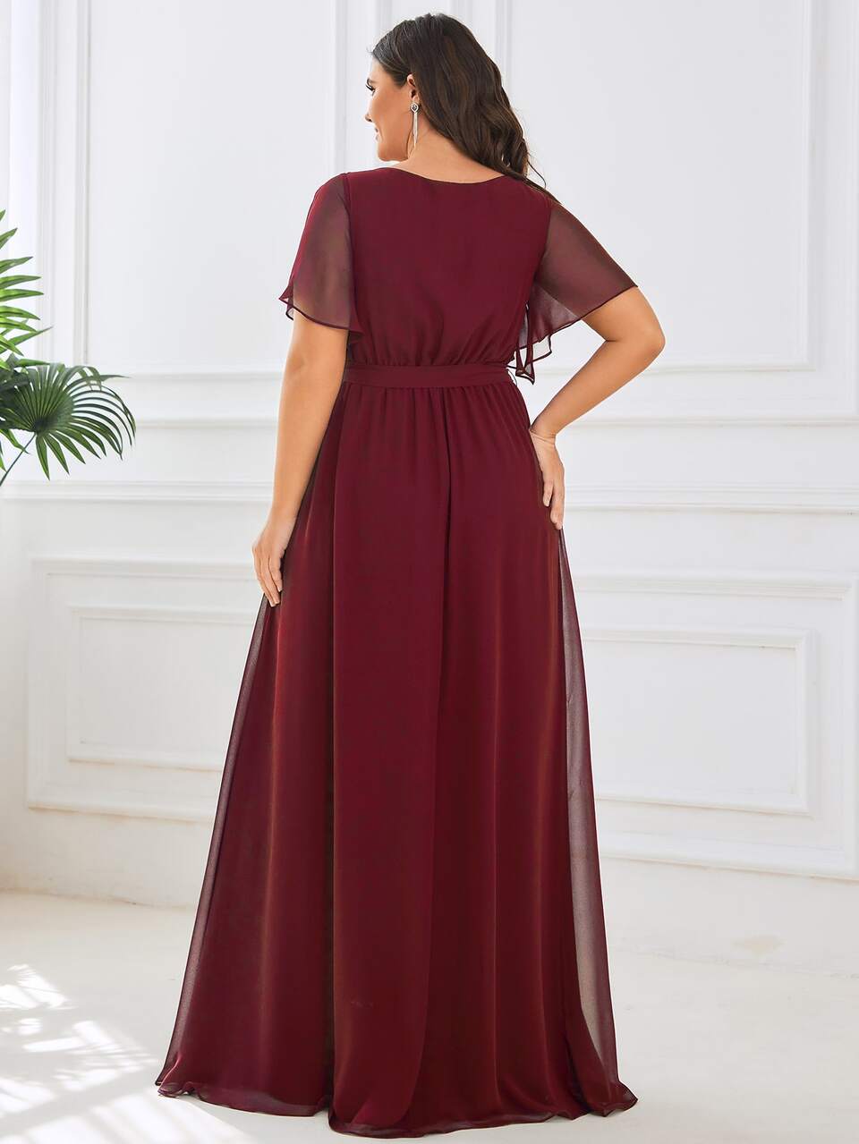 EVERPRETTY Elegant V-Neck Ruffle Sleeve Floor Length Bridesmaid Dress