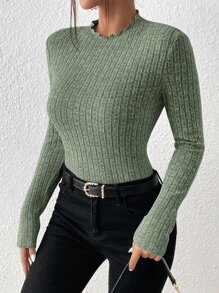 SHEIN BAE Lettuce Trim Mock Neck Ribbed Knit Tee - Green - View 4