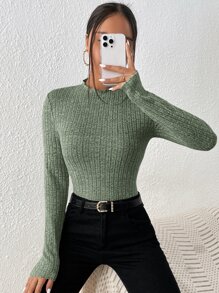 SHEIN BAE Lettuce Trim Mock Neck Ribbed Knit Tee - Green - View 5