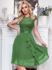 MIUSOL Váy cocktail ren hoa cài ngực với viền bèo nhún - màu xanh lá - Xem 2