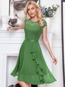 MIUSOL Váy cocktail ren hoa cài ngực với viền bèo nhún - màu xanh lá - Xem 6