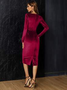 Missord Square Neck Velvet Bodycon Dress - Burgundy - View 2