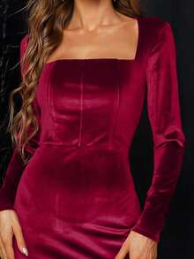 Missord Square Neck Velvet Bodycon Dress - Burgundy - View 3