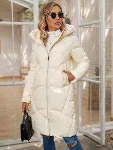 Zip Up Hooded Padded Coat For Winter - Beige - View 4