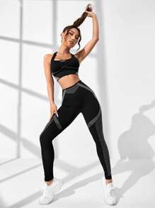 Yoga Futuristic 2pcs Seamless Colorblock Gym Suit Yoga Set Cut Out Racerback Bra & Bodycon Leggings - Black - View 3