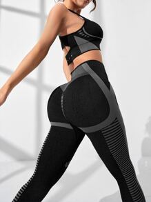Yoga Futuristic 2pcs Seamless Colorblock Gym Suit Yoga Set Cut Out Racerback Bra & Bodycon Leggings - Black - View 5