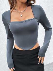 SHEIN EZwear Áo thun nữ Cao thấp Đắp vá màu trơn Giải trí - Xám - Xem 5