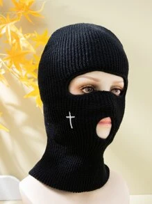 1 件男女款弹力针织帽，街头风格刺绣十字蒙面无檐便帽 Y2k 保暖保暖内衬帽子 - 黑色 - 查看 1