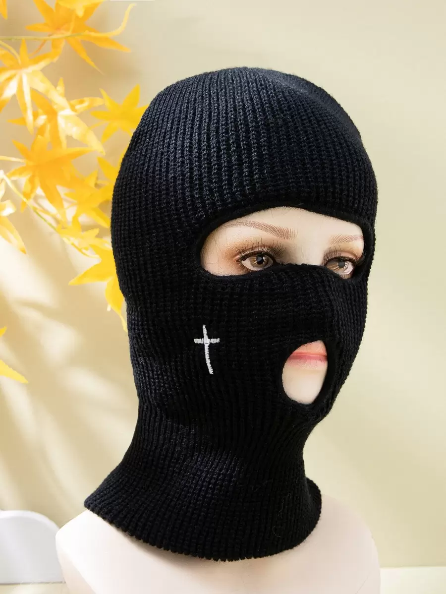 1 件男女款弹力针织帽，街头风格刺绣十字蒙面无檐便帽 Y2k 保暖保暖内衬帽子 - 黑色 - 查看 1
