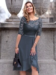 MIUSOL Vestido de fiesta de gasa con cuello de barco, manga corta, con volantes y encaje floral en el bajo - Gris - Ver 6