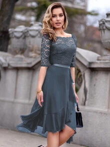 MIUSOL Vestido de fiesta de gasa con cuello de barco, manga corta, con volantes y encaje floral en el bajo - Gris - Ver 7