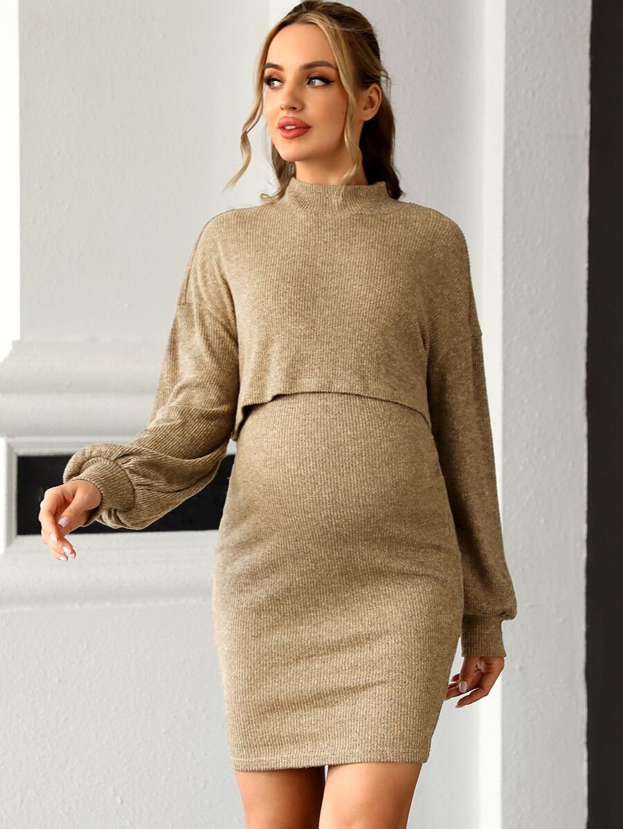 SHEIN Maternidad de cuello alto de hombros caídos Top con Vestido - Marrón Mocha - Ver 1